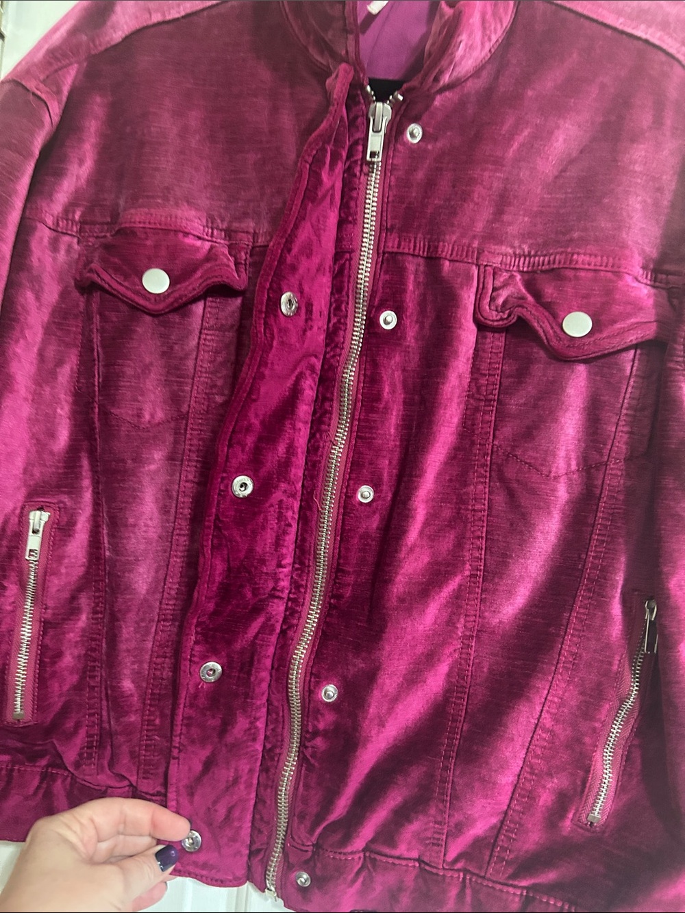 Free People Velvet Trucker Jacket - Magenta, Size XS/S - Picture 5 of 11